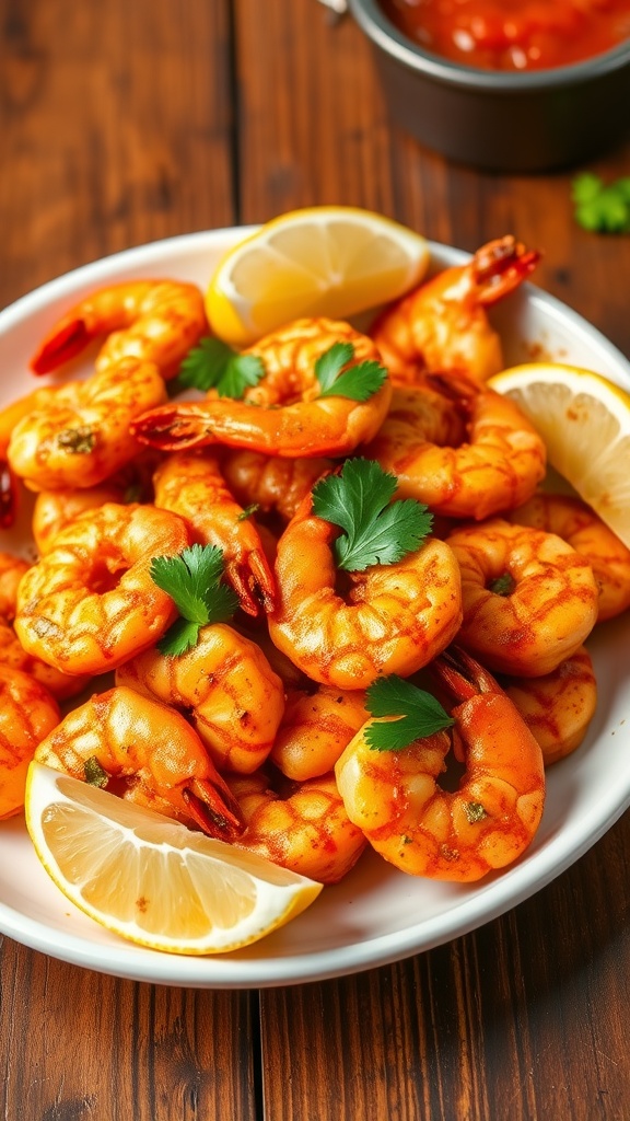 Crispy shrimp 65 garnished with coriander on a plate with lemon wedges.